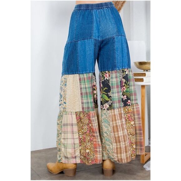 Western Floral Print Patchwork Denim Wide leg Pants - Picture 3 of 3